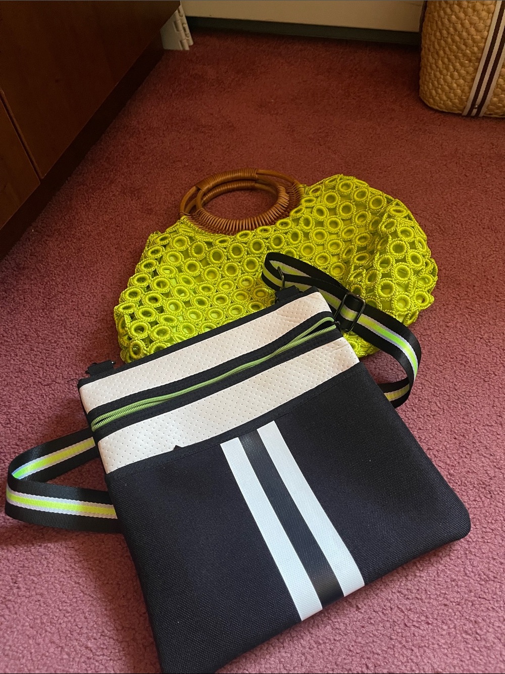 2 bags Black and White Crossbody Bag with Neon Green-Trim Strap